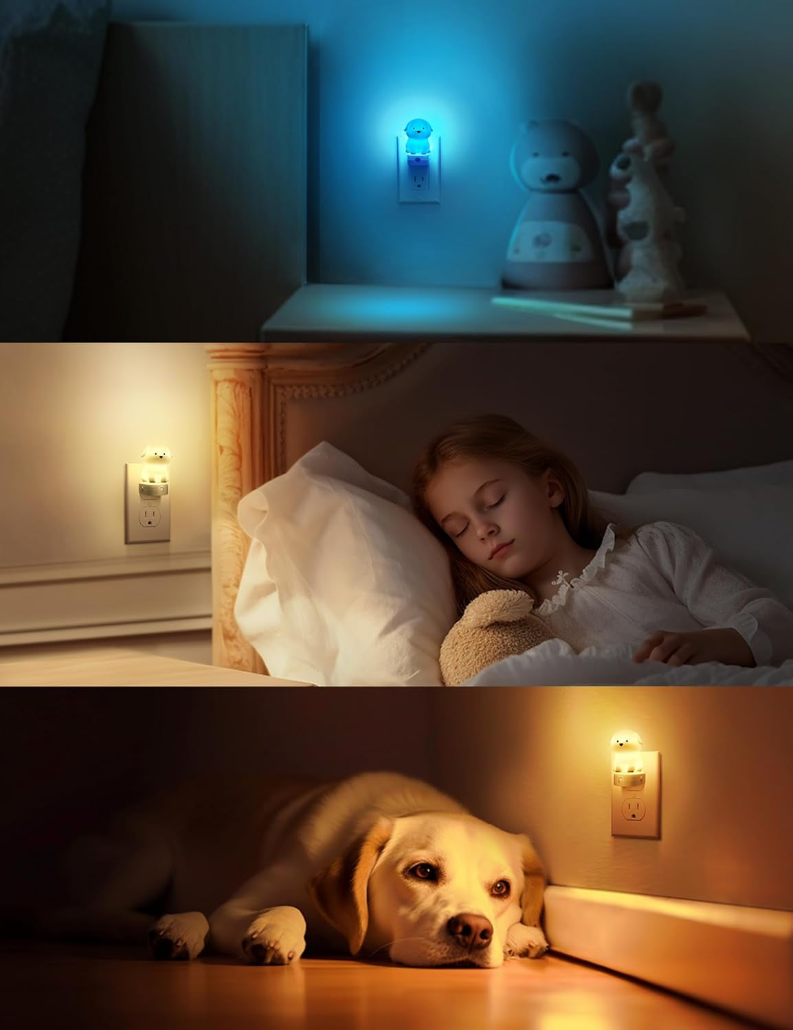 Plug in Night Light for Kids, 3D Cute Puppy Night Lights with Dusk to Dawn Sensor, Rgb+Soft White 3000K Dog Night Light, Christmas Birthday Gift Nightlight for Kids, Room Decor