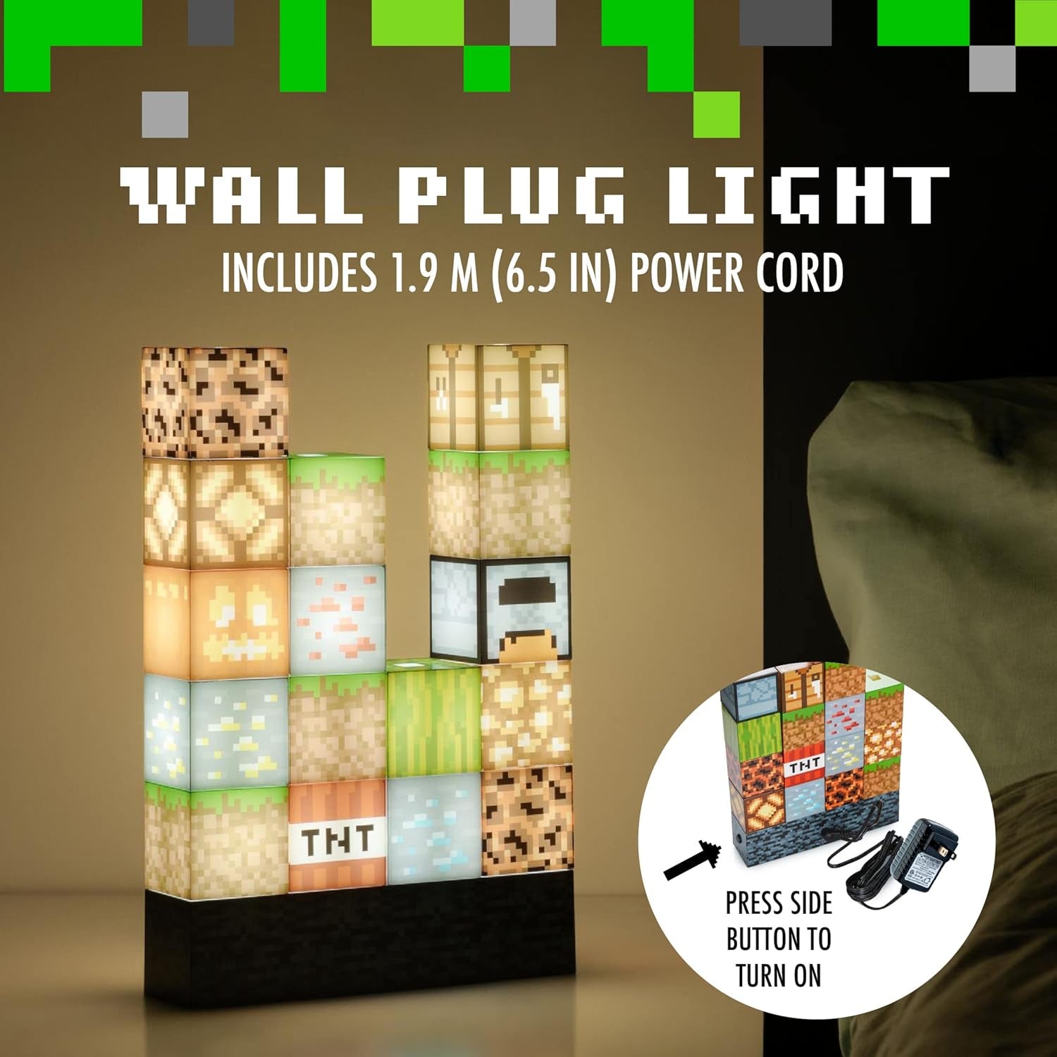Minecraft Building Block Night Light – Officially Licensed LED Lamp for Boys’ Bedrooms, Gaming Decor & Gifts – Fun Minecraft Room Accessory