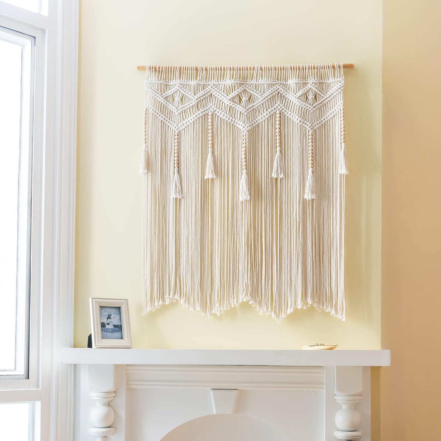 Macrame Wall Hanging Large Boho Decor Woven Wall Tapestry Chic Art Tassel Christmas Decoration for Backdrop over Bed Bedroom Nursery Dorm Classroom, Including Hanging Rod, 33''W X 42''H
