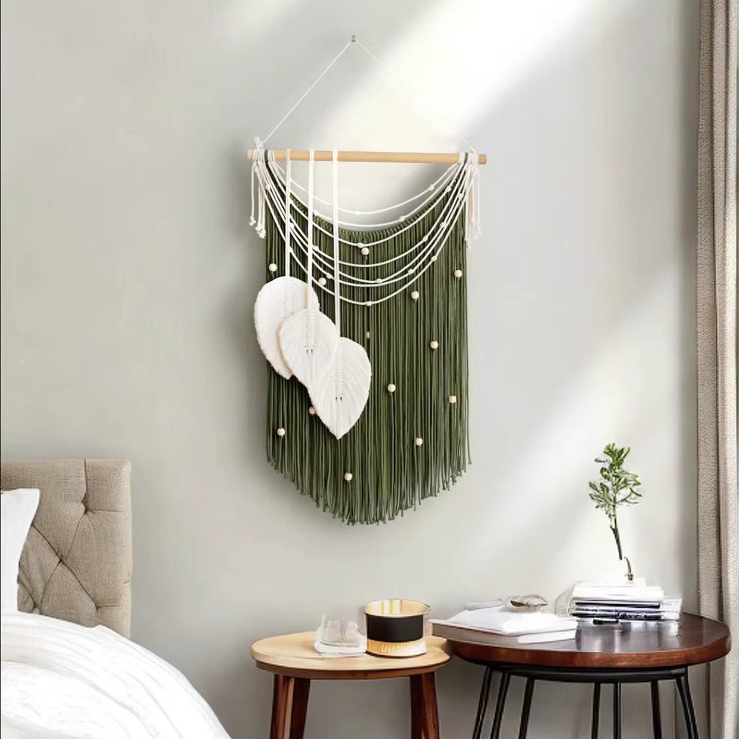 New Handcraft Woven Tapestry, Home Bedroom Wall Hanging Feather Tassel Decorative Leaves
