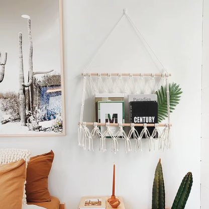 Handmade Bohemian Hanging Rack Cotton Home Storage Rack with Wall Hanging Decorative Art for Living Room
