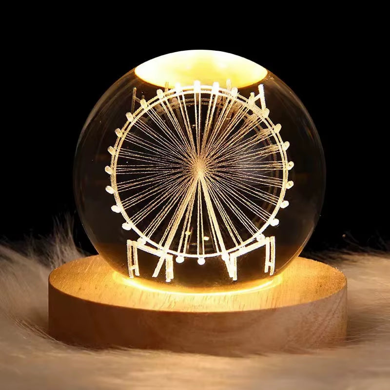 3D Art 6CM 8 Cm Crystal Ball Night Lamp Wood Base Luminous Decoration Led Night Lights Desktop Home Decor