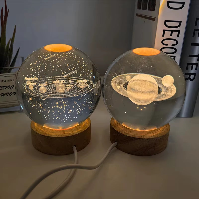 3D Art 6CM 8 Cm Crystal Ball Night Lamp Wood Base Luminous Decoration Led Night Lights Desktop Home Decor