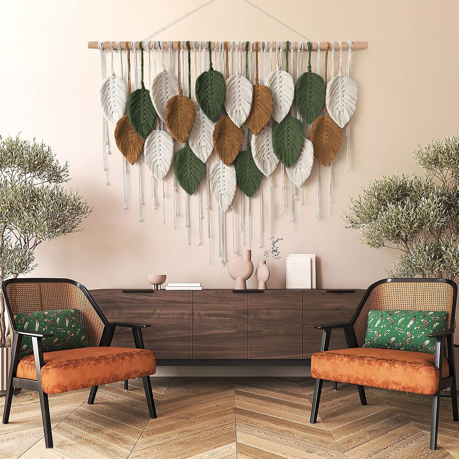 Large Macrame Wall Hanging Boho Woven Tapestry, Chic Home Decor Modern Bohemian Handmade Leaf Feather Wall Art Decorations for Apartment Dorm Living Room Bedroom Nursery Backdrop 39"W X 29.5"L