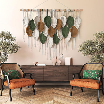 Large Macrame Wall Hanging Boho Woven Tapestry, Chic Home Decor Modern Bohemian Handmade Leaf Feather Wall Art Decorations for Apartment Dorm Living Room Bedroom Nursery Backdrop 39"W X 29.5"L