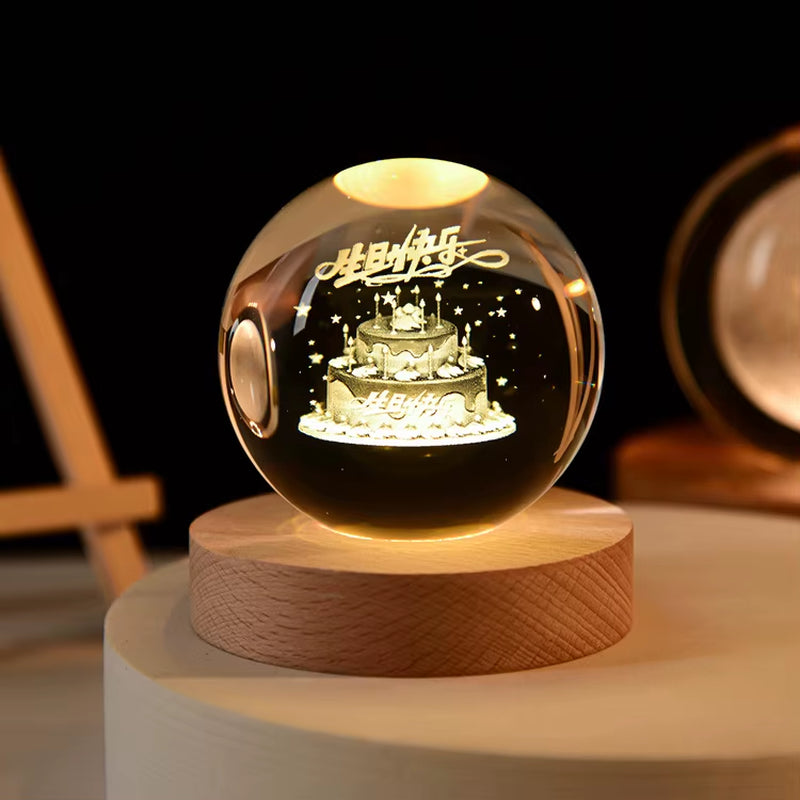3D Art 6CM 8 Cm Crystal Ball Night Lamp Wood Base Luminous Decoration Led Night Lights Desktop Home Decor