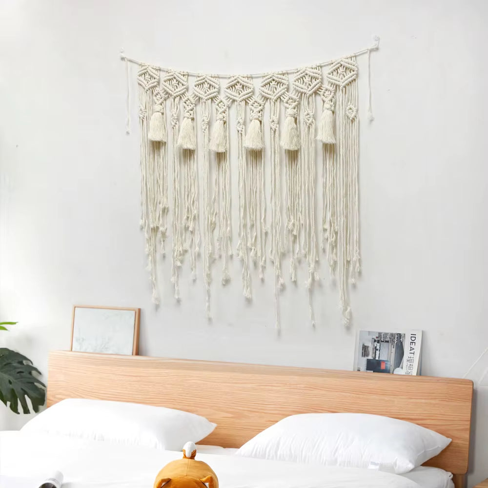 Nordic Modern Bohemian Tapestries Handcrafted Cotton Rope Wall Hangings with Tassels and Lace Art Design for Home Decoration