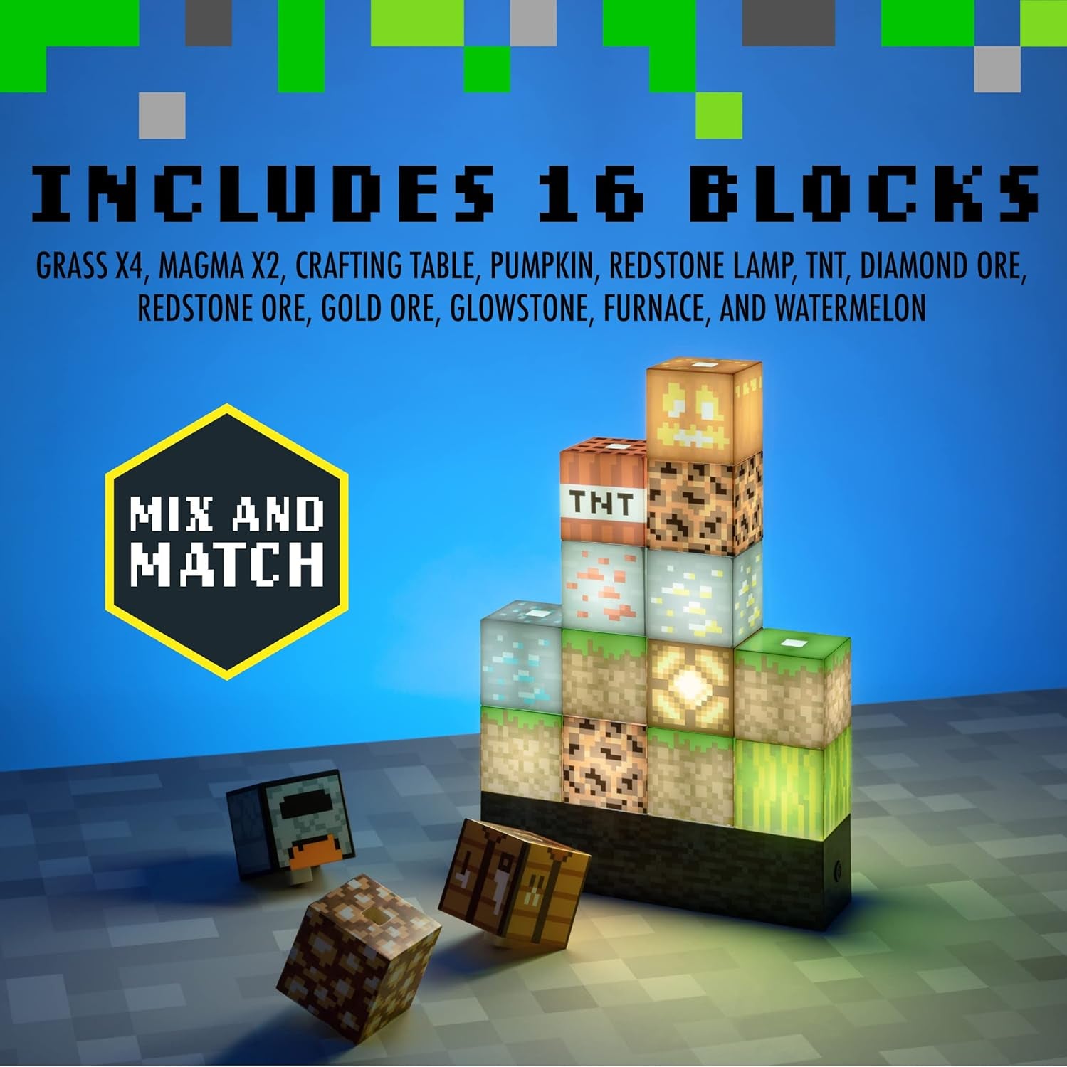 Minecraft Building Block Night Light – Officially Licensed LED Lamp for Boys’ Bedrooms, Gaming Decor & Gifts – Fun Minecraft Room Accessory