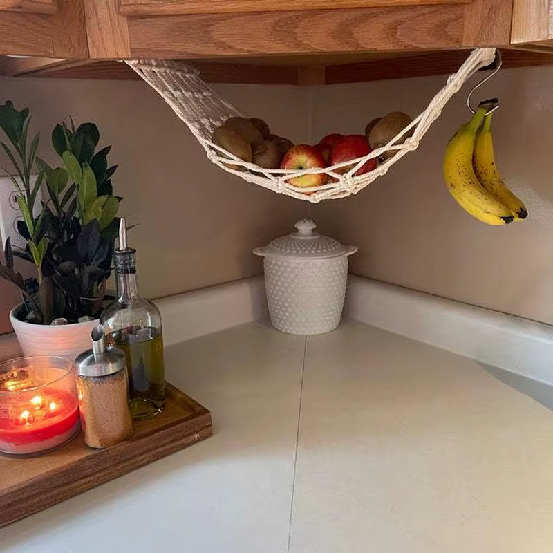 Hand-Woven Bohemian Style Cotton Fruit and Vegetable Storage Basket Wall-Mounted and Hanging under Cabinet