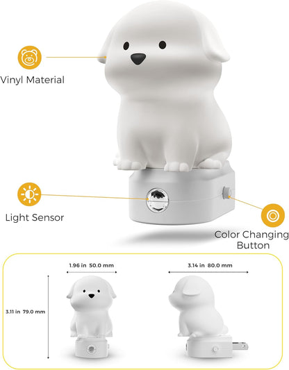 Plug in Night Light for Kids, 3D Cute Puppy Night Lights with Dusk to Dawn Sensor, Rgb+Soft White 3000K Dog Night Light, Christmas Birthday Gift Nightlight for Kids, Room Decor