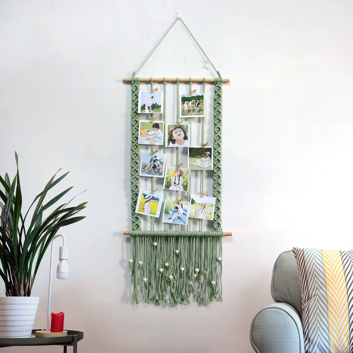 Nordic Bohemian Style Wall Hanging Hand-Woven Cotton Photo Frame Simple Home Decoration with Fringed Lace Tapestry