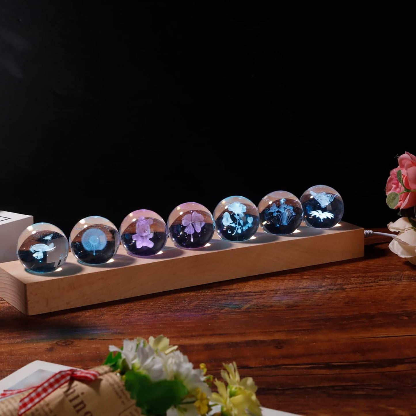7 Pcs Flower Crystal Ball Night Light with LED Wooden Base, 3D Dandelion, Four-Leaf Clover, Mushroom, Rose, Tulip Plant Lamp for Home Office Gifts for Christmas Decor