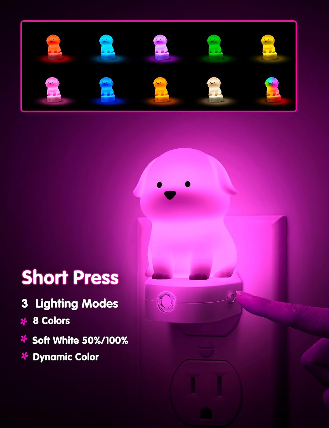 Plug in Night Light for Kids, 3D Cute Puppy Night Lights with Dusk to Dawn Sensor, Rgb+Soft White 3000K Dog Night Light, Christmas Birthday Gift Nightlight for Kids, Room Decor