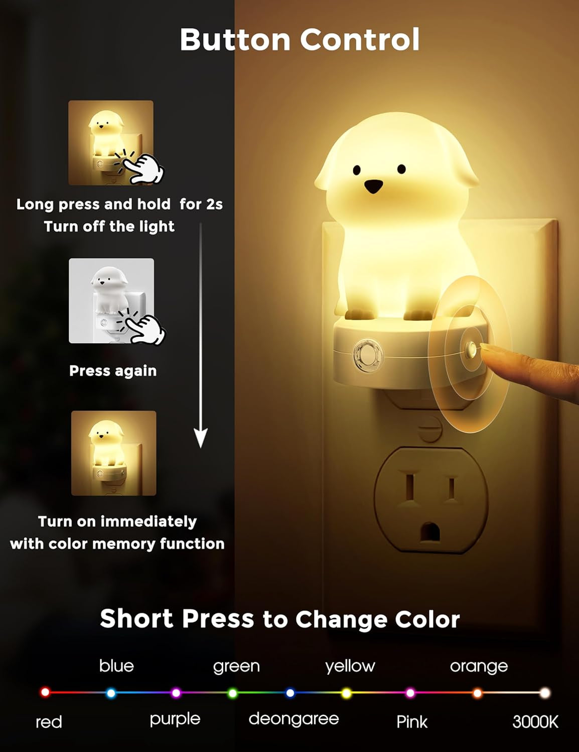 Plug in Night Light for Kids, 3D Cute Puppy Night Lights with Dusk to Dawn Sensor, Rgb+Soft White 3000K Dog Night Light, Christmas Birthday Gift Nightlight for Kids, Room Decor