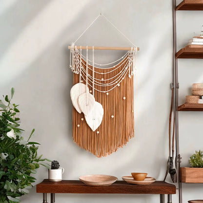 New Handcraft Woven Tapestry, Home Bedroom Wall Hanging Feather Tassel Decorative Leaves