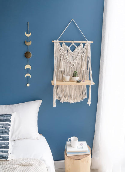 Macrame Wall Hanging Shelf Boho Decor Wood Floating Shelf for Bedroom Living Room Nursery Bathroom, Handmade Woven Rope Storage Rack for Photo Frames Plant Display