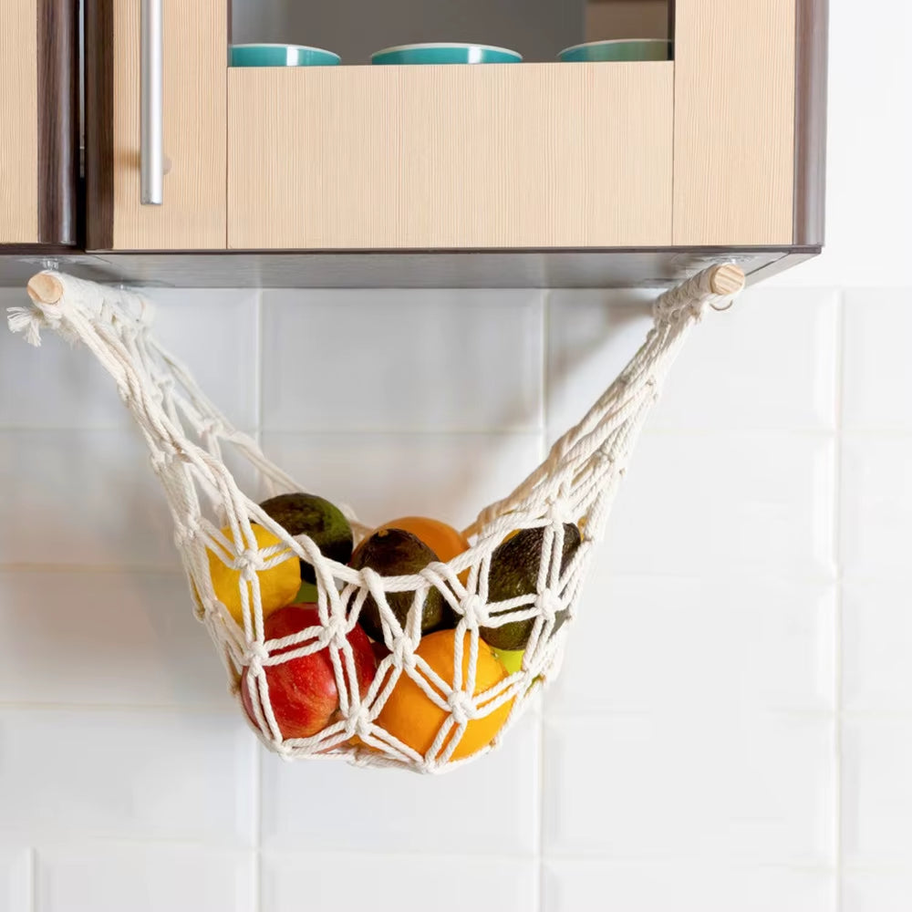 Hand-Woven Bohemian Style Cotton Fruit and Vegetable Storage Basket Wall-Mounted and Hanging under Cabinet