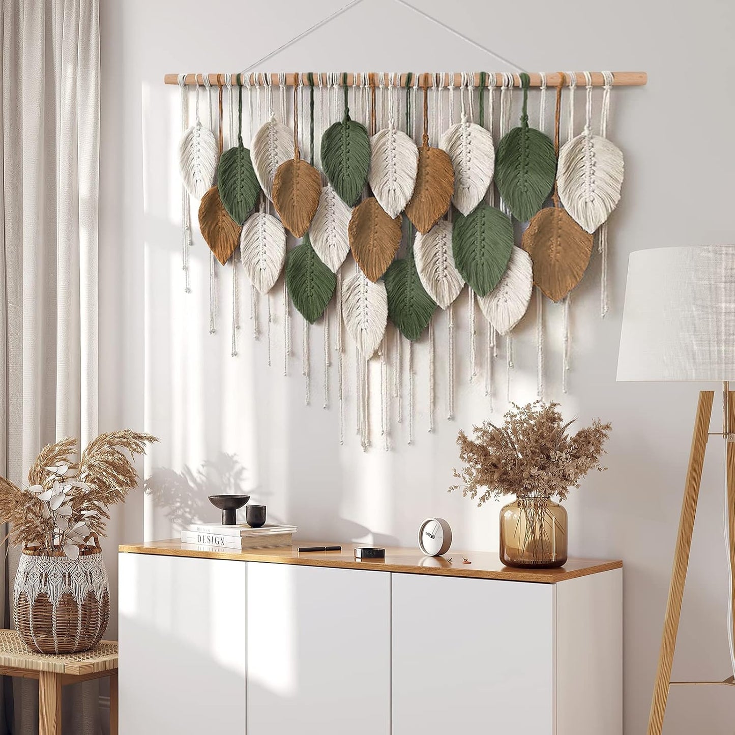 Large Macrame Wall Hanging Boho Woven Tapestry, Chic Home Decor Modern Bohemian Handmade Leaf Feather Wall Art Decorations for Apartment Dorm Living Room Bedroom Nursery Backdrop 39"W X 29.5"L