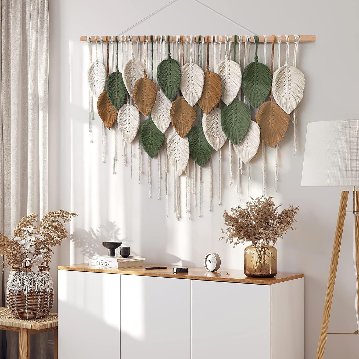 Large Macrame Wall Hanging Boho Woven Tapestry, Chic Home Decor Modern Bohemian Handmade Leaf Feather Wall Art Decorations for Apartment Dorm Living Room Bedroom Nursery Backdrop 39"W X 29.5"L