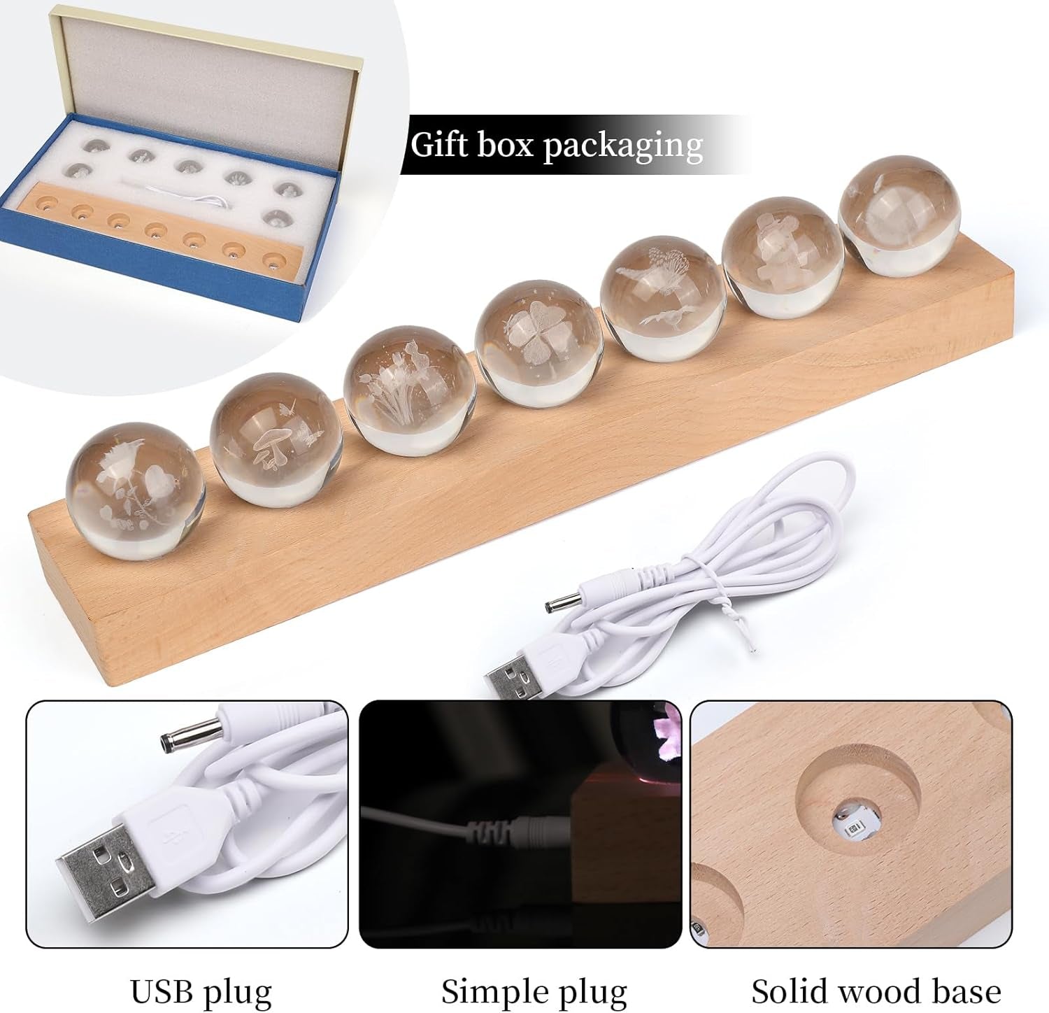7 Pcs Flower Crystal Ball Night Light with LED Wooden Base, 3D Dandelion, Four-Leaf Clover, Mushroom, Rose, Tulip Plant Lamp for Home Office Gifts for Christmas Decor