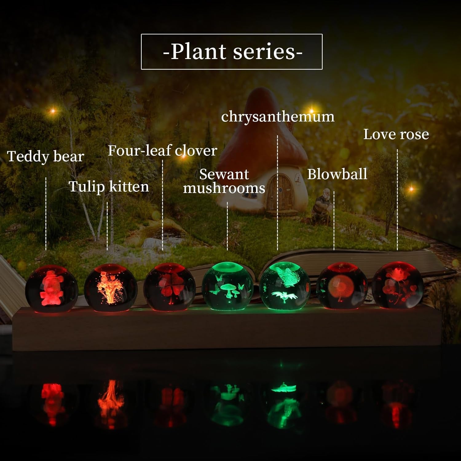 7 Pcs Flower Crystal Ball Night Light with LED Wooden Base, 3D Dandelion, Four-Leaf Clover, Mushroom, Rose, Tulip Plant Lamp for Home Office Gifts for Christmas Decor