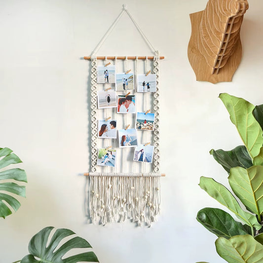 Nordic Bohemian Style Wall Hanging Hand-Woven Cotton Photo Frame Simple Home Decoration with Fringed Lace Tapestry