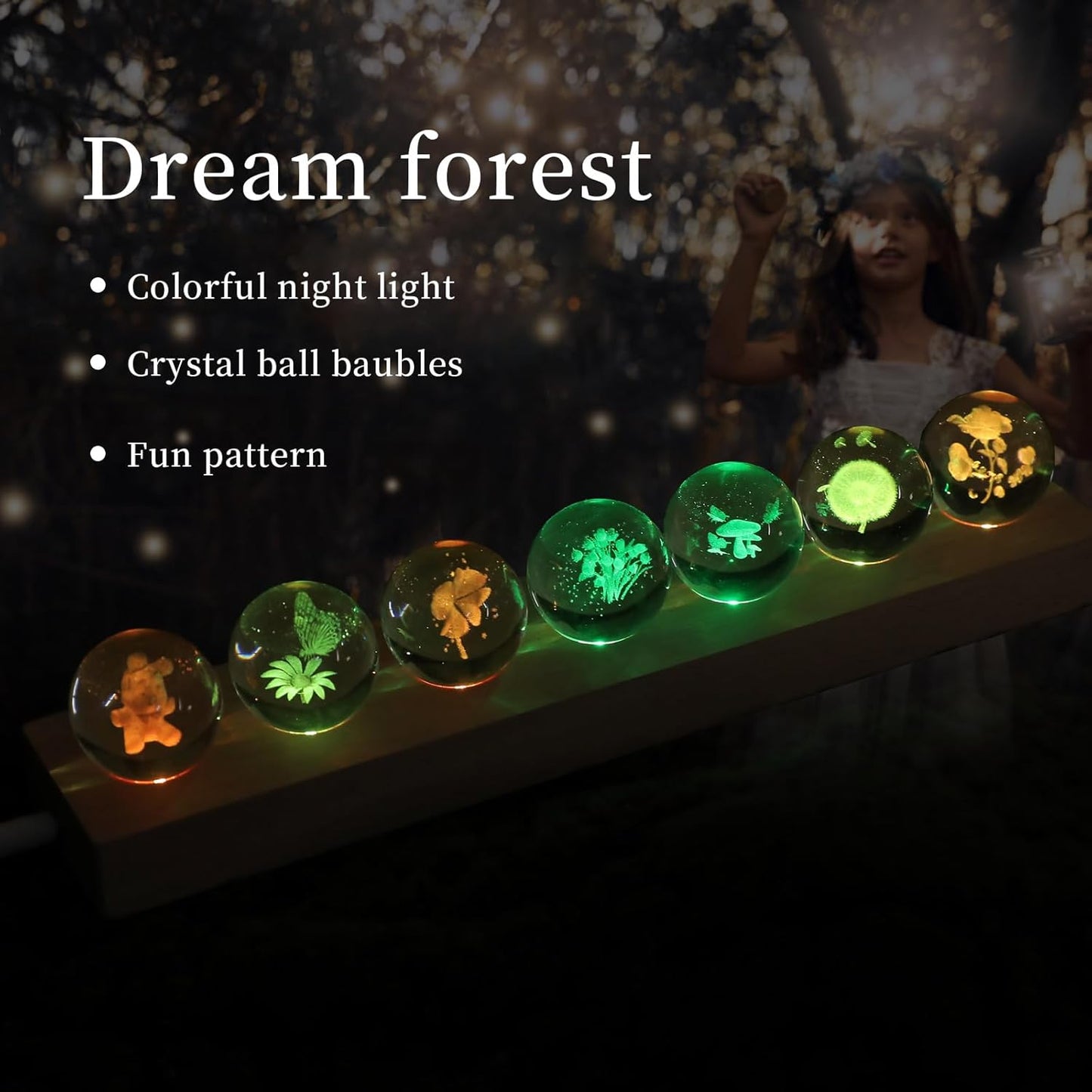 7 Pcs Flower Crystal Ball Night Light with LED Wooden Base, 3D Dandelion, Four-Leaf Clover, Mushroom, Rose, Tulip Plant Lamp for Home Office Gifts for Christmas Decor