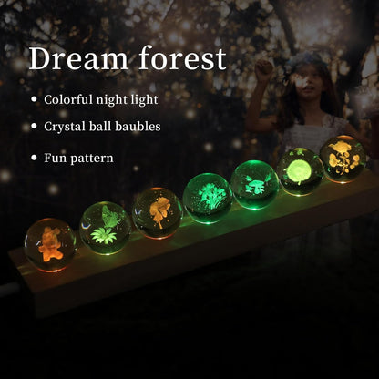 7 Pcs Flower Crystal Ball Night Light with LED Wooden Base, 3D Dandelion, Four-Leaf Clover, Mushroom, Rose, Tulip Plant Lamp for Home Office Gifts for Christmas Decor