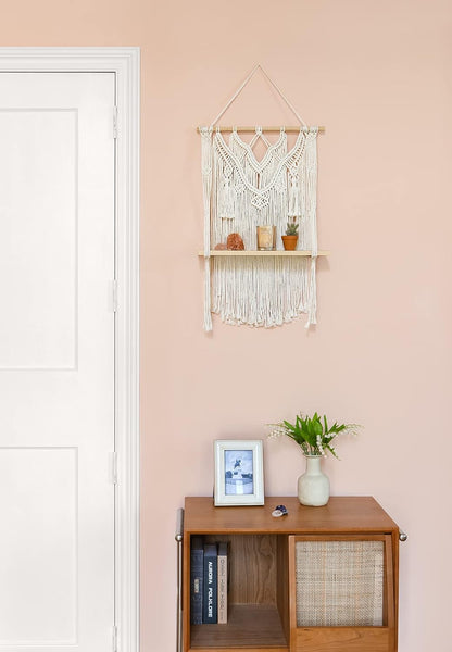 Macrame Wall Hanging Shelf Boho Decor Wood Floating Shelf for Bedroom Living Room Nursery Bathroom, Handmade Woven Rope Storage Rack for Photo Frames Plant Display