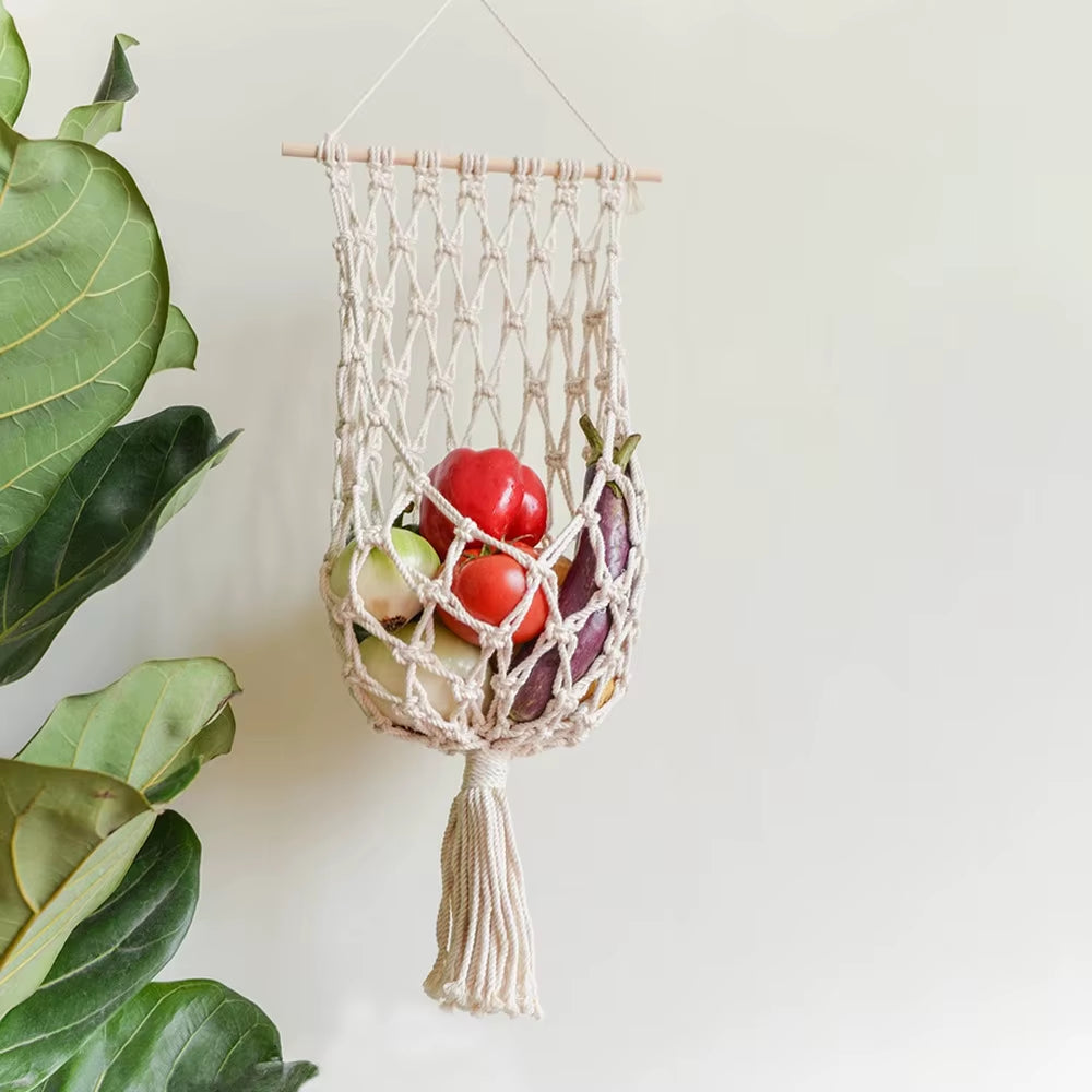 Boho Chic Tassel Lace Storage Basket-Handcrafted Wall Hanging for Fruits and Home Decor