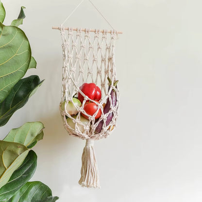 Boho Chic Tassel Lace Storage Basket-Handcrafted Wall Hanging for Fruits and Home Decor