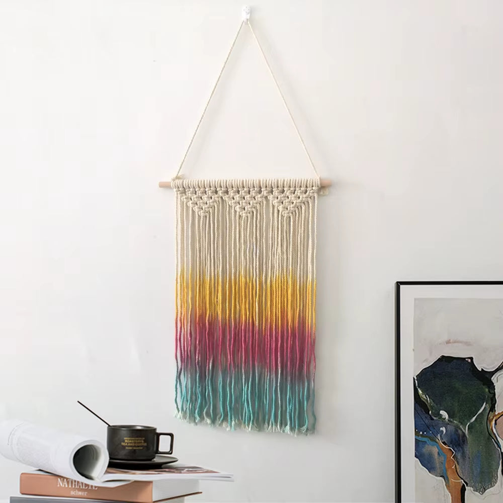 Boho Chic Rainbow Macrame Wall Hanging Handmade Colorful Tie Dye Cotton Fabric Art