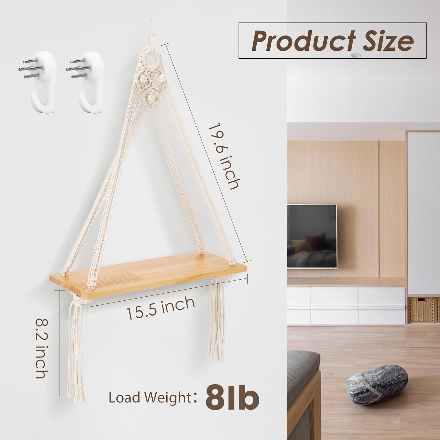 Macrame Wall Hanging Shelf Set of 2,Boho Wooden Display Floating Shelves for Wall Decor with Handmade Woven Rope,Farmhouse Rustic Plant Shelf for Bedroom Dorm Nursery Living Room Bathroom