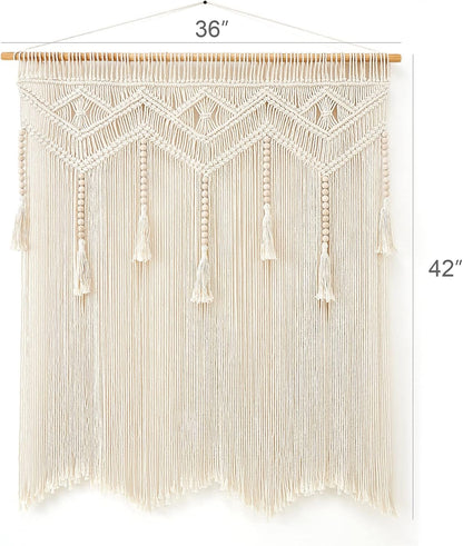 Macrame Wall Hanging Large Boho Decor Woven Wall Tapestry Chic Art Tassel Christmas Decoration for Backdrop over Bed Bedroom Nursery Dorm Classroom, Including Hanging Rod, 33''W X 42''H