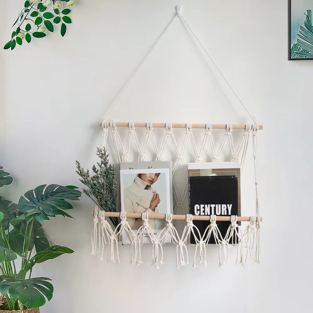 Handmade Bohemian Hanging Rack Cotton Home Storage Rack with Wall Hanging Decorative Art for Living Room