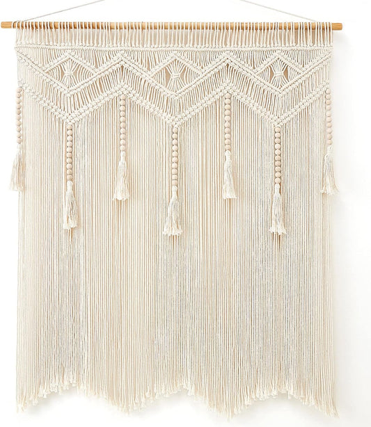 Macrame Wall Hanging Large Boho Decor Woven Wall Tapestry Chic Art Tassel Christmas Decoration for Backdrop over Bed Bedroom Nursery Dorm Classroom, Including Hanging Rod, 33''W X 42''H