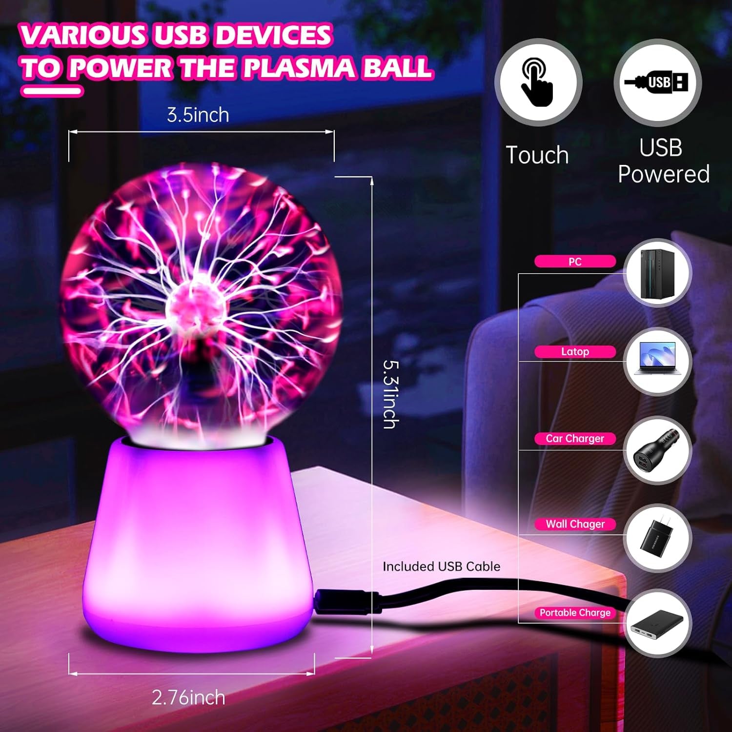 Plasma Ball Lamp Interactive Touch Lightning Globe 3 Inch Fun Lamp USB Powered 7 Color Changing Lights Mood Lighting Party Prop Gifts