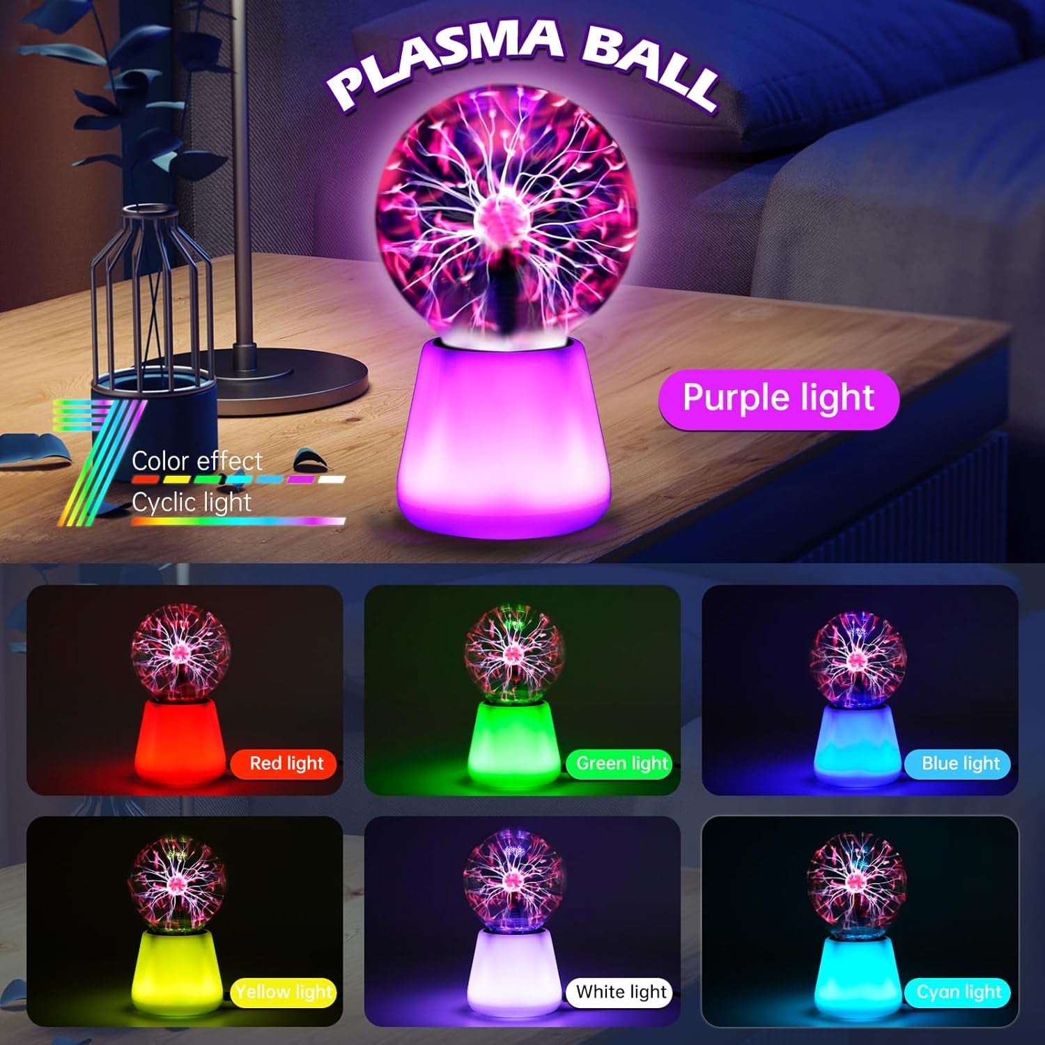 Plasma Ball Lamp Interactive Touch Lightning Globe 3 Inch Fun Lamp USB Powered 7 Color Changing Lights Mood Lighting Party Prop Gifts