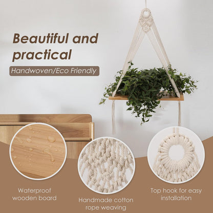 Macrame Wall Hanging Shelf Set of 2,Boho Wooden Display Floating Shelves for Wall Decor with Handmade Woven Rope,Farmhouse Rustic Plant Shelf for Bedroom Dorm Nursery Living Room Bathroom