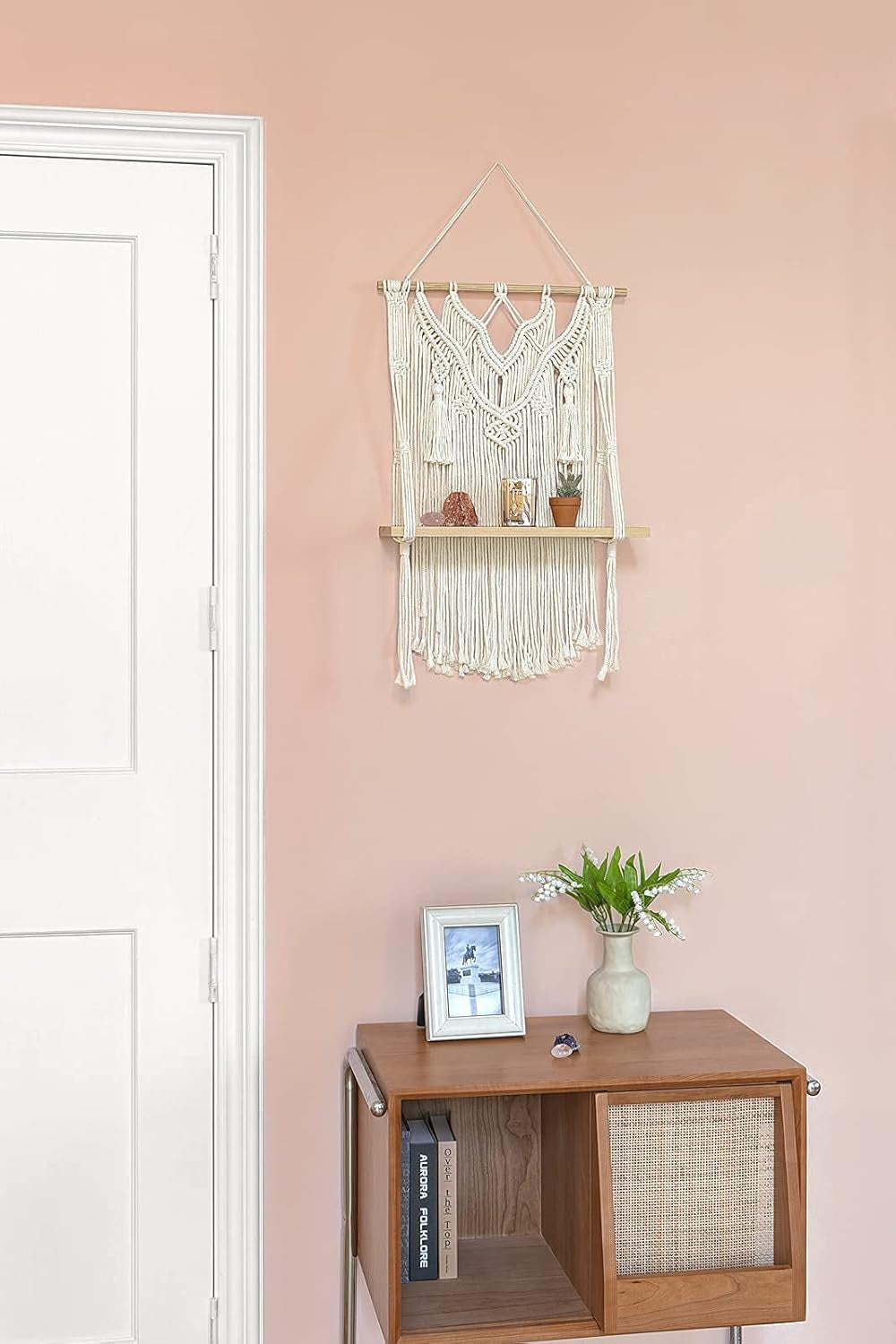 Macrame Wall Hanging Shelf Boho Decor Wood Floating Shelf for Bedroom Living Room Nursery Bathroom, Handmade Woven Rope Storage Rack for Photo Frames Plant Display