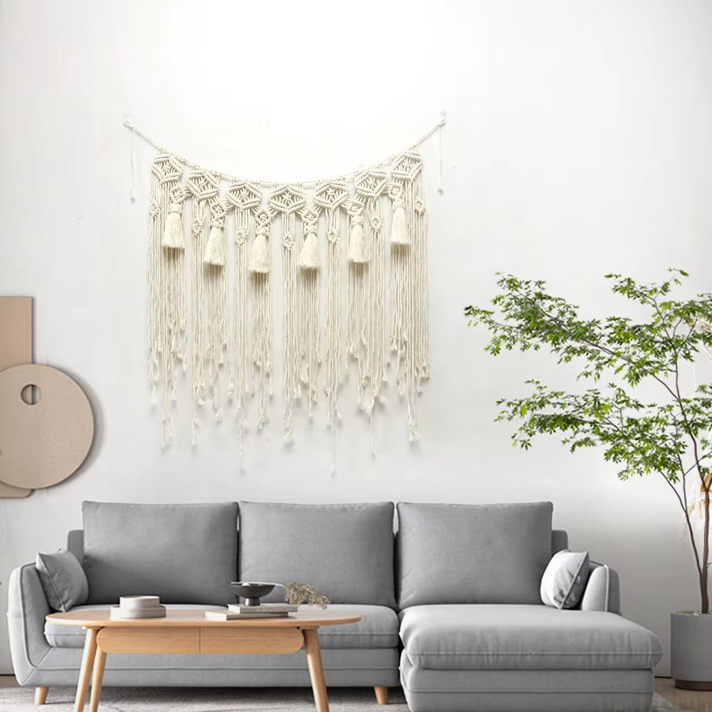 Nordic Modern Bohemian Tapestries Handcrafted Cotton Rope Wall Hangings with Tassels and Lace Art Design for Home Decoration