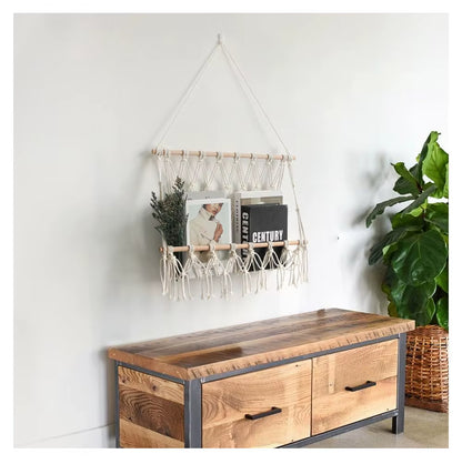 Handmade Bohemian Hanging Rack Cotton Home Storage Rack with Wall Hanging Decorative Art for Living Room