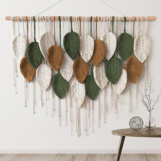 Large Macrame Wall Hanging Boho Woven Tapestry, Chic Home Decor Modern Bohemian Handmade Leaf Feather Wall Art Decorations for Apartment Dorm Living Room Bedroom Nursery Backdrop 39"W X 29.5"L