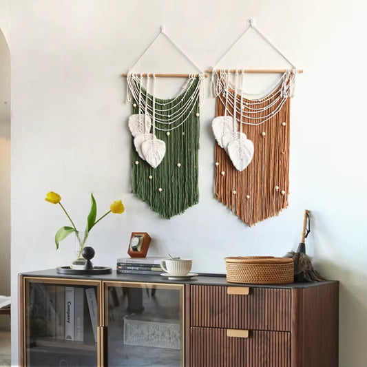 New Handcraft Woven Tapestry, Home Bedroom Wall Hanging Feather Tassel Decorative Leaves