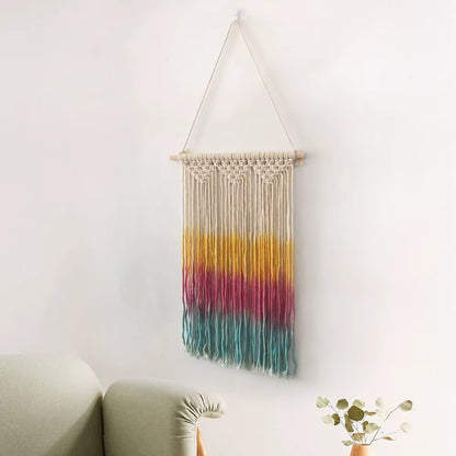 Boho Chic Rainbow Macrame Wall Hanging Handmade Colorful Tie Dye Cotton Fabric Art