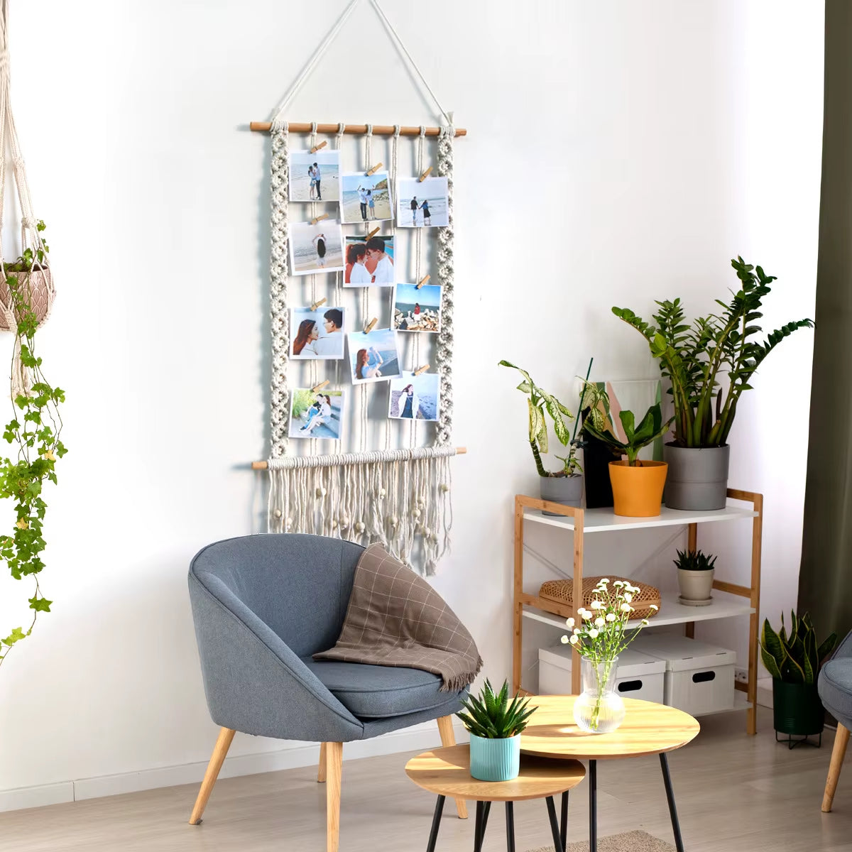 Nordic Bohemian Style Wall Hanging Hand-Woven Cotton Photo Frame Simple Home Decoration with Fringed Lace Tapestry
