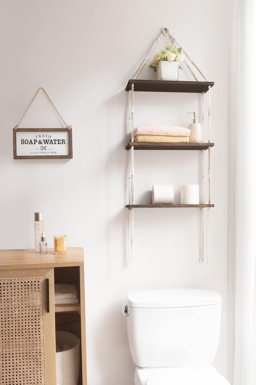 Macrame Wall Hanging Shelf 3 Tier Wood Floating Shelves with Cute Woven Rope Boho Room Decor Display Photos Plant Hanging Storage Shelves for Bathroom, Bedroom, Living Room, Nursery
