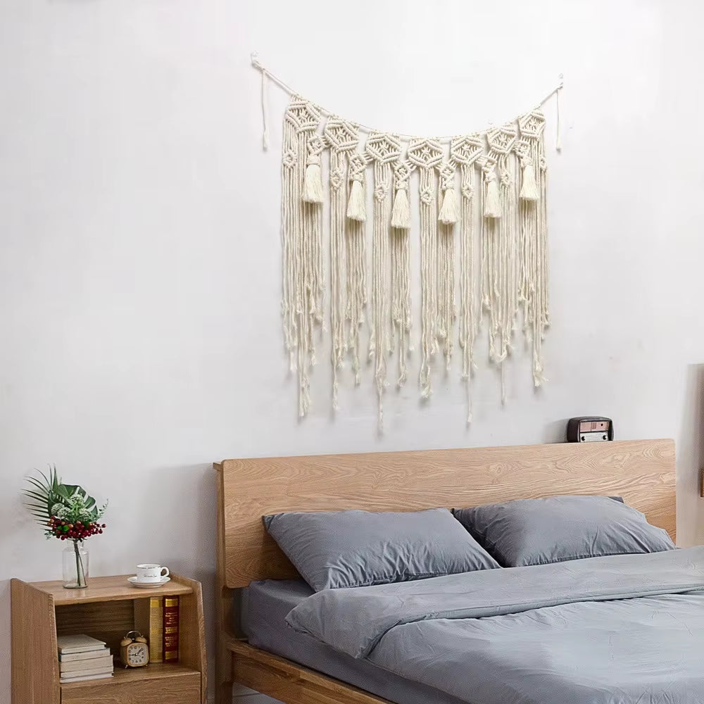Nordic Modern Bohemian Tapestries Handcrafted Cotton Rope Wall Hangings with Tassels and Lace Art Design for Home Decoration
