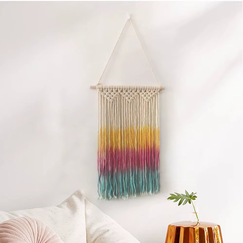Boho Chic Rainbow Macrame Wall Hanging Handmade Colorful Tie Dye Cotton Fabric Art