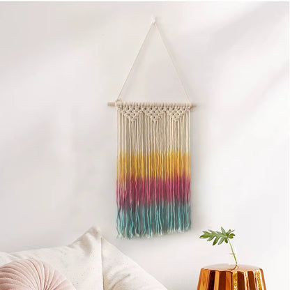Boho Chic Rainbow Macrame Wall Hanging Handmade Colorful Tie Dye Cotton Fabric Art